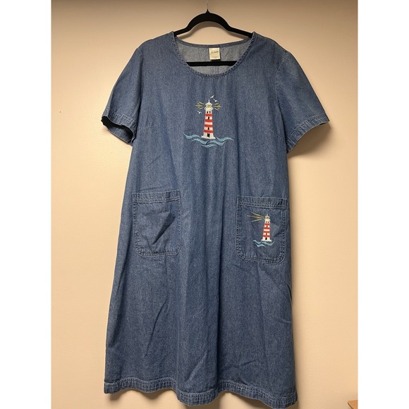 Blair Dresses & Skirts - Blair Large Blue Jean Embroidered LightHouses Denim Shift‎ Dress Granny Nautica
